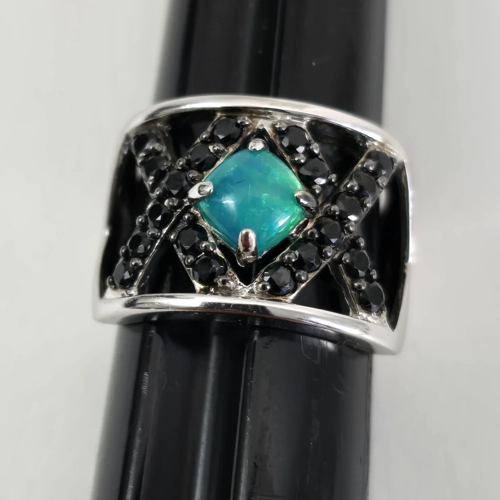 Sterling Silver 925 Spinel and Black Opal Geometric Ring